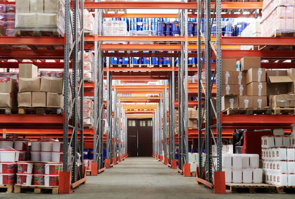 Commercial storage space with shelves of boxes